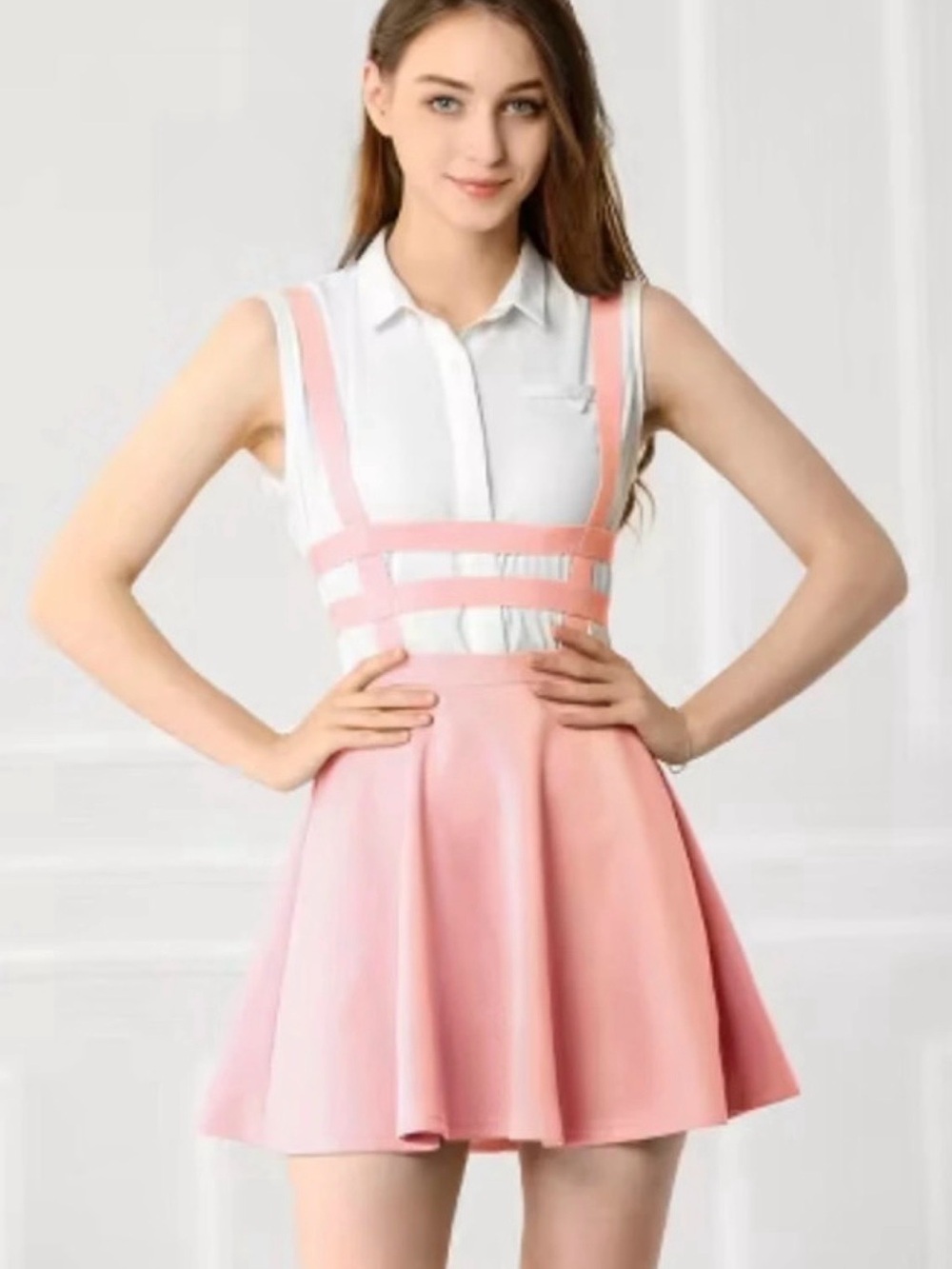 Blue Time Pink Suspender Skater Dress L Sleeveless A-Line